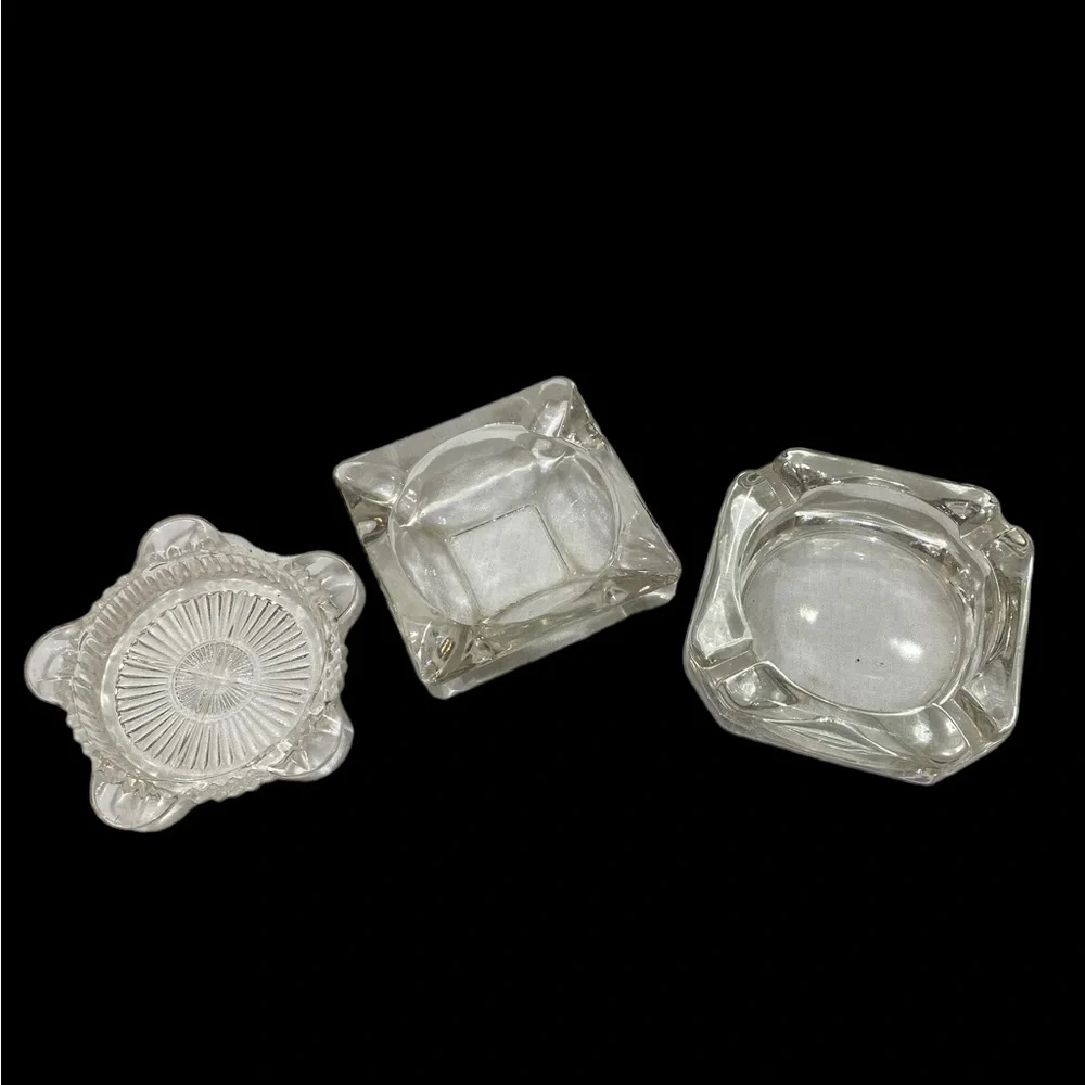 Vintage MCM Clear Pressed Glass Ashtray Set Catchall Trinket Dish 3pc